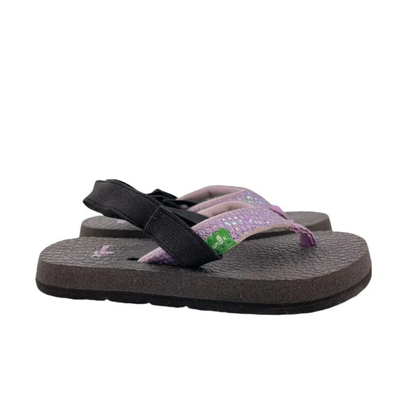 Sanuk Flip Flops Toddler Sz 7/8 Black Purple Glitter Flat Cozy Thong Back Strap - Picture 1 of 10